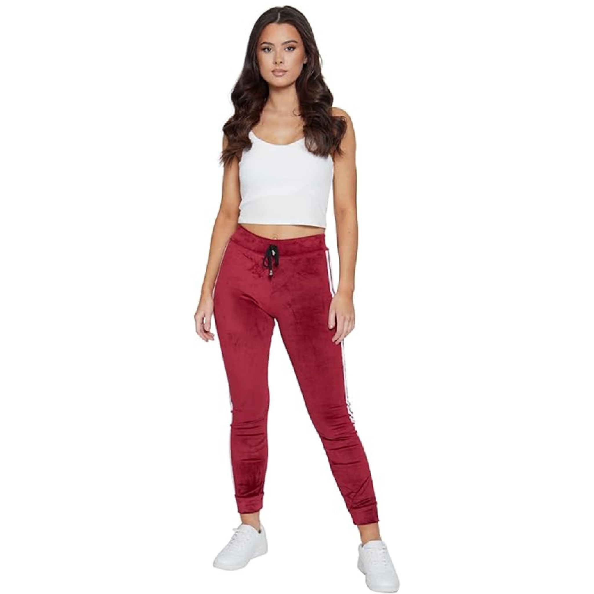 Ladies velour bottoms soft lounge joggers with side stripes in wine